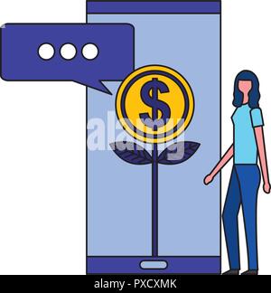 Frau mit mobile Anlage Wachstum geld Vector Illustration Stock Vektor