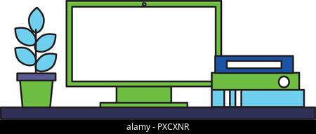 Computer im Büro Topfpflanze und Bindemittel Vector Illustration Stock Vektor