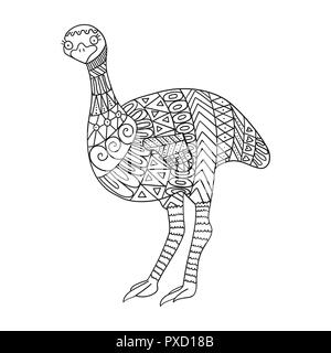 Stilisierte emu Vogel auf weißem Hintergrund. Hand gezeichnet Strauß in Tribal Style für Kinder Malbuch. Stock Vektor