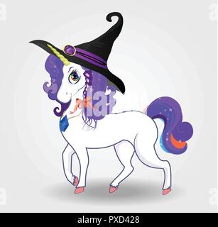 Halloween Vector Illustration cute cartoon Magische Einhorn Charakter mit lila Haaren Hexenhut auf weißem Hintergrund. Design für Kinder, t-shir Stock Vektor