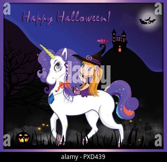 Happy Halloween cartoon Grußkarte mit niedlichen Baby Hexe girl auf schönen magischen Einhorn auf Nacht Vollmond scary Landschaft Hintergrund mit Schloss Stock Vektor
