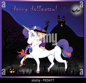 Happy Halloween cartoon Grußkarte mit niedlichen Baby Hexe girl auf schönen magischen Einhorn auf Nacht Vollmond scary Landschaft Hintergrund mit Schloss Stock Vektor