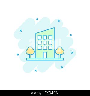 Vektor cartoon Gebäude mit Bäumen im Comic Stil. Haus Zeichen Abbildung Piktogramm. Aufbau von Business splash Wirkung Konzept. Stock Vektor