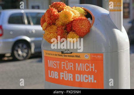 Wien, Österreich - 18 September 2018: Blumen in einem Papierkorb auf kann eine Straße von Wien. Das Etikett auf einer Müll kann sagt: Für mich, Lob an Sie Stockfoto