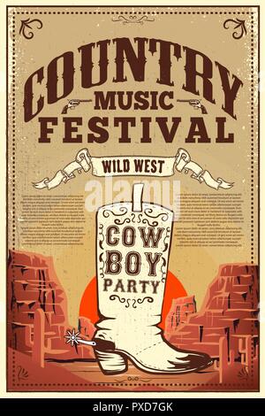 Country Music Festival Plakat. Party Flyer mit Cowboy Stiefel. Design Element für Poster, Karten, Aufkleber, Zeichen, Karte, Banner. Vektorbild Stock Vektor