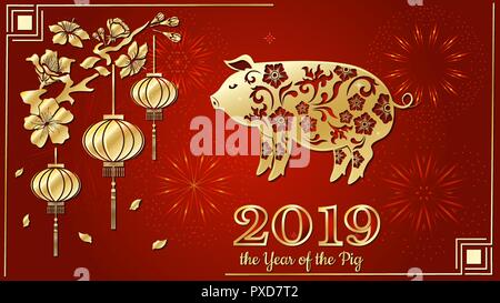 Happy Chinese New Year 2019 Sternzeichen mit gold Papier Kunst und Handwerk Stil auf farbigem Hintergrund Stock Vektor