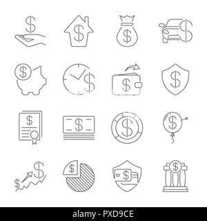 Einfaches Geld verbundenen Vektor Zeile für Symbole. Dünne Linie vektor Icon Set - Dollar, Kreditkarte, Brieftasche, Cash, Geld beutel, Sparschwein, Investitionen, Stapel, prüfen, Eingang, Schild. Editierbare Anschlag Stock Vektor