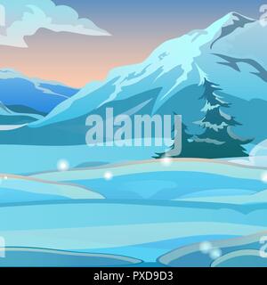 Zwei verbogen auf dem Hintergrund der Schnee auf einer klaren frostigen Morgen Fichte. Sonnenaufgang in den Snowy Mountains. Skizze für Weihnachten und Neujahr Karte, festliche Poster oder Einladungen. Vector Illustration. Stock Vektor