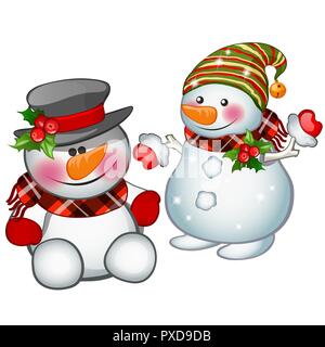 Zwei lächelnde Schneemann trägt einen gestreiften Kappe und Tophat. Skizze für Grußkarten, festliche Poster oder Einladungen. Die Attribute von Weihnachten und das neue Jahr. Vector Illustration. Stock Vektor