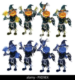 Eine Reihe von Vogelscheuchen mit Kopf in Form von Kürbissen. Die Attribute der Urlaub Halloween auf weißem Hintergrund. Vector Illustration. Stock Vektor