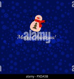 Cartoon Schneemann auf einem blauen Hintergrund mit Schneeflocken und die Worte frohe Weihnachten. Probe der Poster, Party Einladung, Geschenkpapier und anderen Karten. Vector Illustration. Stock Vektor