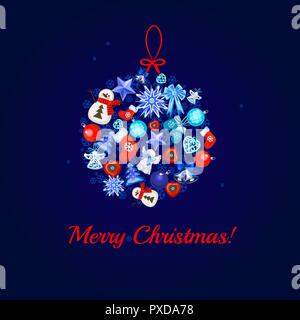 Christbaumschmuck Kugel auf einem blauen Hintergrund und die Wörter frohe Weihnachten. Probe der Poster, Party Einladung und anderen Karten. Vector Illustration. Stock Vektor