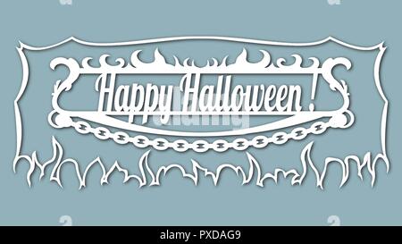 Das Bild mit der Inschrift - Happy Halloween. Mit Vector Illustration Vorlage. Laser für Plotter und Siebdruck. Kessel mit f Stock Vektor