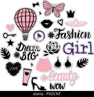 Set mode Girly zeichen Illustrationen. Vektor Sammlung schwarz und trendige Farbe Hand gezeichnet auf weißem Hintergrund. Verträumter fantasie Schönheit Symbole Sammlung mit Dream Big-Schriftzug. Stock Vektor