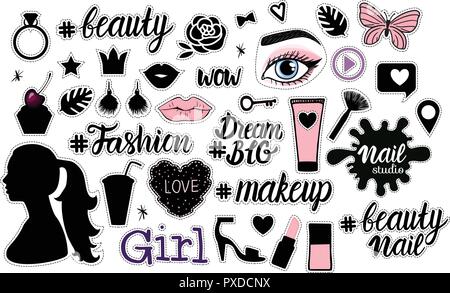 Große Mode Girly zeichen Illustrationen. Vektor Sammlung schwarz und trendige Farbe Hand gezeichnet auf weißem Hintergrund. Schönheit, Nail Beauty, Make-up, Accessoires studio Symbol. Stock Vektor