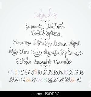 Kalender Sammlung von Monaten und Zahlen für das ganze Jahr, Woche, Jahreszeiten. Tinte moderne Pinsel Kalligraphie. Isolierte Vektor auf weißem Hintergrund. Stock Vektor