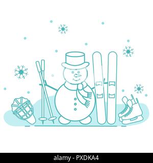 Winter im Freien genießen können. Schneemann mit Ski- und Hockey Ausrüstung. Vektor cartoon Skifahrer Symbol. Design für Werbung von aktiven Lebensstil. Stock Vektor