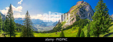 Schönen Sommer Landschaft der Schweiz mit Gröberen Mythen Berge und grüne Wiesen, Ibergeregg, Schweiz, Europa. Stockfoto