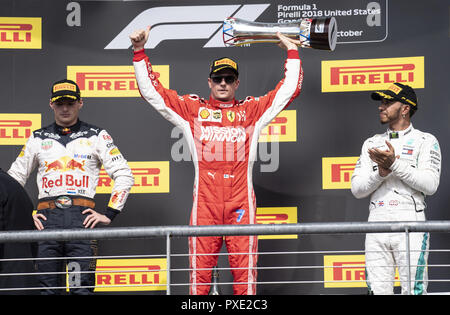 Austin, Texas, USA. Okt, 2018 21. Der Sieger des F1#7'' KIMI R'¬ IKK''¦ NEN ''Scuderia Ferrari Platz 2 #33 ''MAX VERSTAPPEN ''Austin Martin Red Bull Racing und 3. Platz #44'''' von LEWIS HAMILTON MERCEDES AMG PETRONAS Motorsports Credit: Hoss McBain/ZUMA Draht/Alamy leben Nachrichten Stockfoto