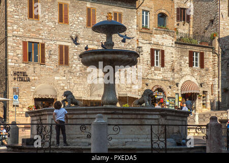 Historischer Brunnen im Hintergrund, der drei Löwen darstellt, Piazza del Comune, Assisi, Perugia, Umbrien, Italien Stockfoto