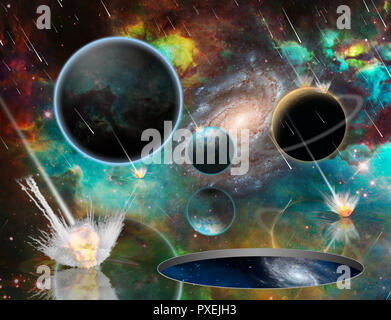 Planetengetriebe Armageddon. Wurmloch. Massive Meteorit - Asteroid dusche Planeten zerstören. 3D-Rendering Stockfoto