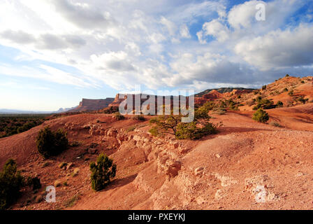 Wüste Anblick von Lukachukai Tal, einem Navajo land in Apache County, Arizona, USA, mit vielen Hügeln und Sträucher, Roter Sand und Steinen und einem bewölkten Himmel Stockfoto