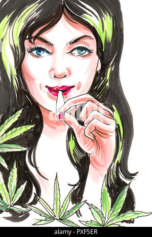 Pretty Woman das Rauchen von Marihuana. Tusche und Aquarell Abbildung Stockfoto