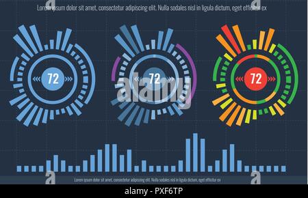 Set intelligenter Technologie HUD-Schnittstelle. Network Management Daten Bildschirm mit verschiedenen Tabelle und Diagramm. Illustrierte Vektor. Stock Vektor