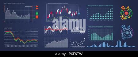 Set intelligenter Technologie HUD-Schnittstelle. Network Management Daten Bildschirm mit verschiedenen Tabelle und Diagramm. Illustrierte Vektor. Stock Vektor