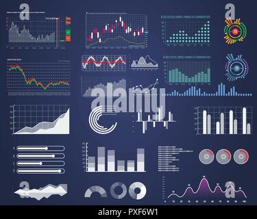 Set intelligenter Technologie HUD-Schnittstelle. Network Management Daten Bildschirm mit verschiedenen Tabelle und Diagramm. Illustrierte Vektor. Stock Vektor