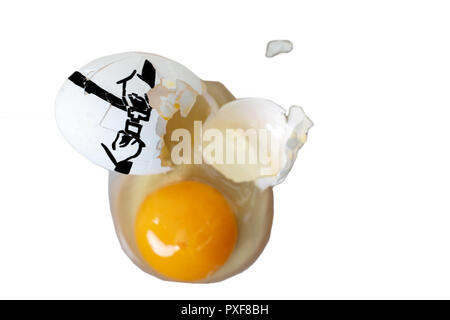Rohes huhn eier mit Sprung Fasten eine Hand gezeichnet Gurt um ihre Taille in einem konzeptionellen Bild isoliert auf weißem, Sicherheitskonzept Stockfoto