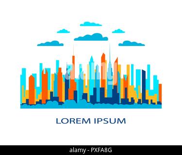 Stadt Landschaft flach. Design urban Illustration Vektor in einfachen minimale geometrische Stil mit Gebäuden, See Blumen und Bäume Abstract background fo Stock Vektor