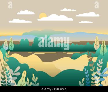 Dorf Landschaft in trendigen Flat Style Vector Illustration. Berge und Hügel, Blumen und Bäumen, abstrakten Hintergrund mit Kopie Raum für Erntevorsatz ima Stock Vektor