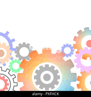 Techno Hintergrund mit geometrischen Bunte Zahnräder. Platz für Text. Moderne Mechanismus Industrielles Konzept Stockfoto