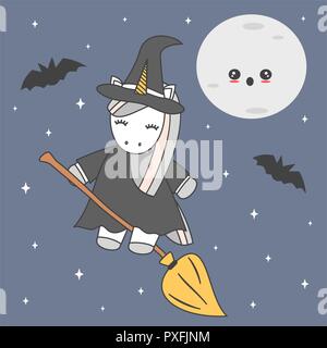 Cute cute cartoon Einhorn Hexe auf Besen fliegen in einer sternenklaren Nacht halloween Vector Illustration Stock Vektor