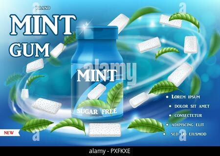 Realistische mint Kaugummi poster Ads. Gummi Verpackung mit Strudel der grüne Blätter auf blauem Hintergrund. Produkt Package Template Design. Vector 3d-Darstellung Stock Vektor