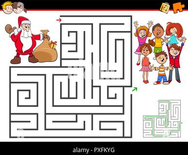 Cartoon Illustration für Bildung Labyrinth oder Irrgarten Aktivität Spiel für Kinder mit Santa Claus Stock Vektor