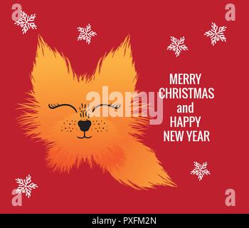 Frohe Weihnachten und guten Rutsch ins Neue Jahr Karte mit Orange süß fox Flaum Vector Illustration auf roten Hintergrund isoliert. Stock Vektor