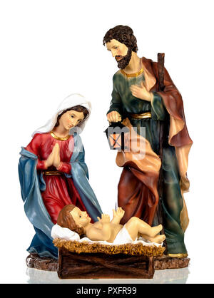 Szene der Krippe: Maria, Josef und das Jesuskind auf einem weißen Hintergrund isoliert Stockfoto