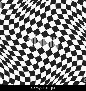 Schwarz-weiß karierten wellige Oberfläche. abstrakten verzerrten Ebene mit quadratischen Fliesen. vector Hintergrund Stock Vektor