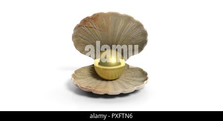 Goldene Perle in der Auster Shell auf weißem Hintergrund. 3D-Darstellung Stockfoto