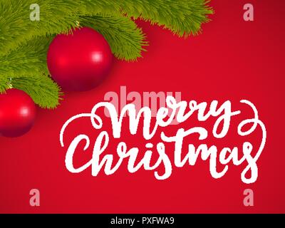 Frohe Weihnachten Schrift auf rotem Hintergrund mit dekorativer Tannenbaum Äste mit einem Glas Kugeln Stock Vektor