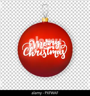 Weihnachtsschmuck. Rotes glas kugel Spielzeug mit festlichen Schriftzug text Stock Vektor
