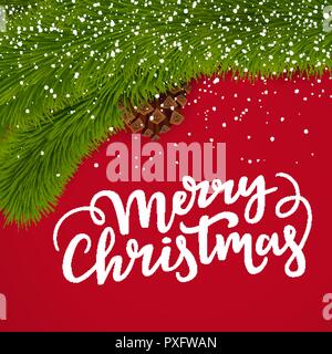 Weihnachten Grenze card Design mit festlichen Schriftzug, Tanne, fircone und Schnee auf einem roten Hintergrund Stock Vektor