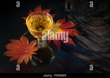 Herbst Hintergrund mit Wein in Kristallglas auf dem Hintergrund der roten Ahornblätter. Stockfoto
