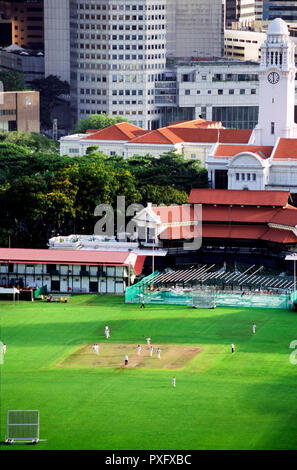 Kricket auf dem Padang, Singapur mit Finanzviertel und Clock Tower im Hintergrund gespielt. Stockfoto