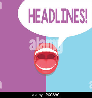 Text Zeichen zeigen Schlagzeilen. Konzeptionelle Foto als Überschrift oben auf der Seite einen Artikel in einer Zeitung oder Zeitschrift. Stockfoto