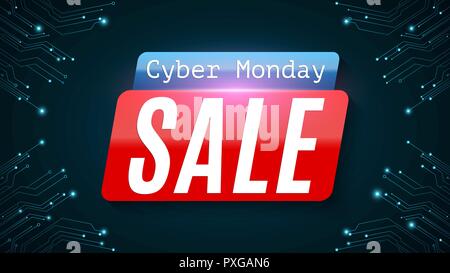 Cyber Monday. Super Sale. Hi-tech leuchtende blaue Platine. Web Banner für Ihr Projekt. Modernes Design. Vector Illustration. EPS 10. Stock Vektor