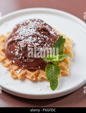 Knusprige Waffel mit einer Kugel Schokoladeneis mit grüner Minze und Kokos Chips in eine Platte auf einem Braunen glänzenden Hintergrund mit Platz für Text eingerichtet. Kaltes Dessert. Ansicht von oben Stockfoto