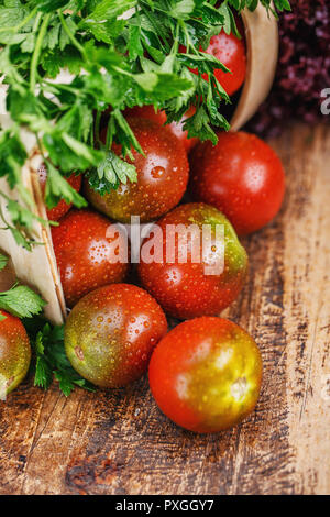 Komposition mit grün-roten Tomaten mit Salat und Petersilie Stockfoto